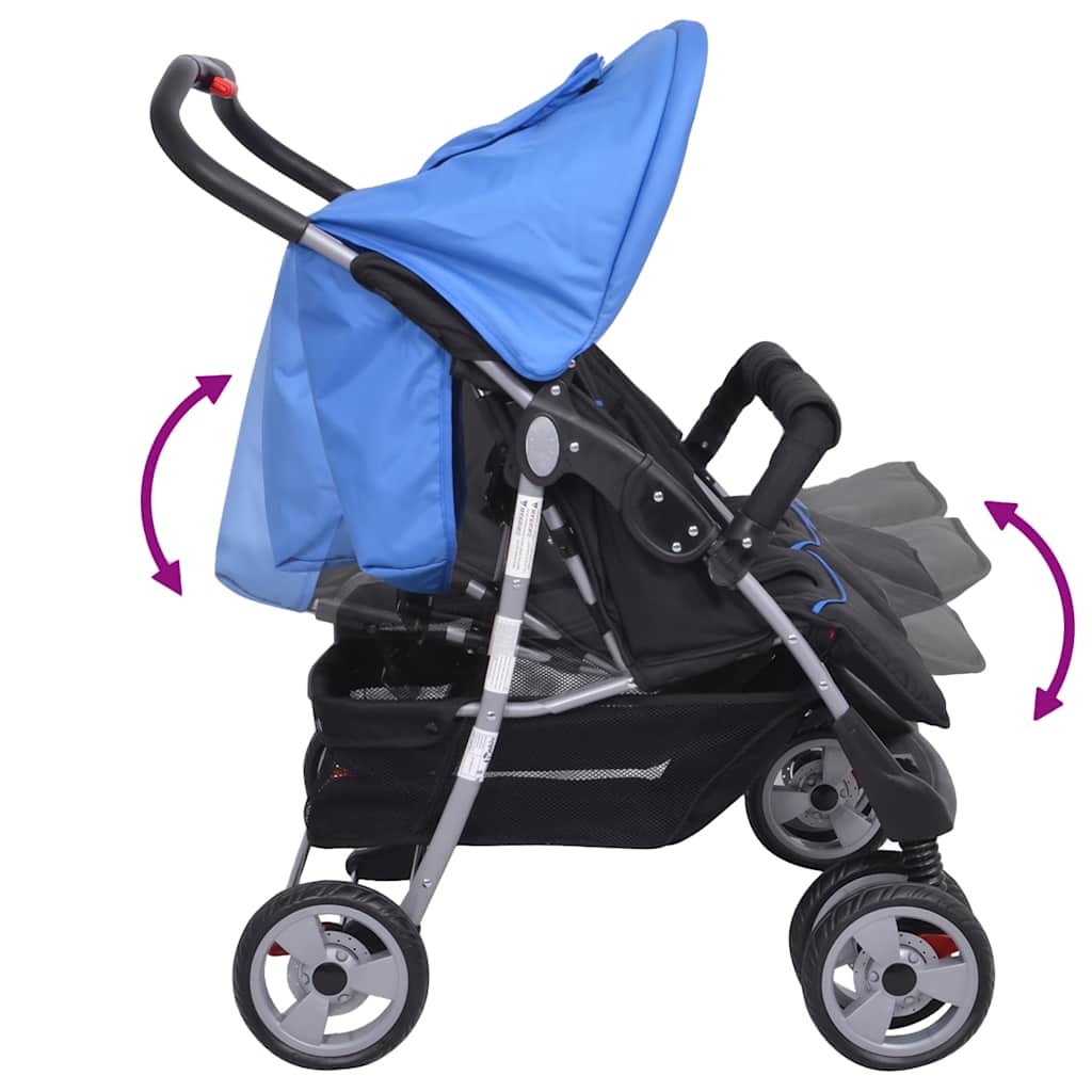 vidaXL Tweelingkinderwagen staal blauw en zwart