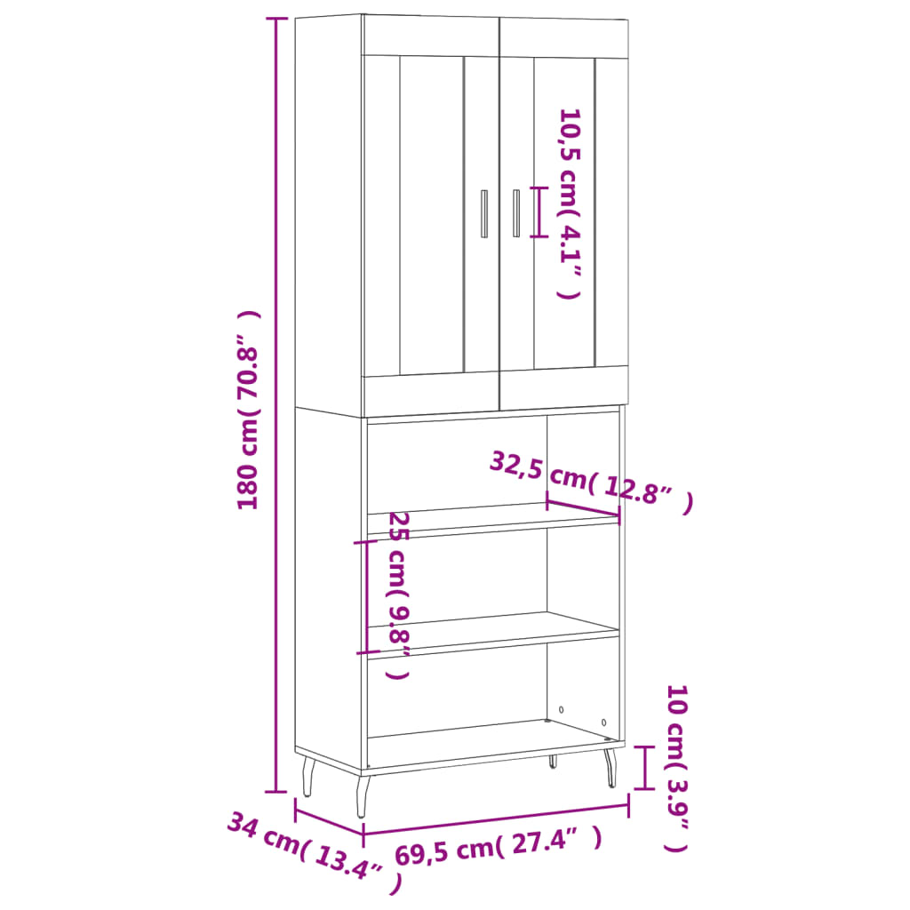 vidaXL Hoge kast 69,5x34x180 cm bewerkt hout gerookt eikenkleurig