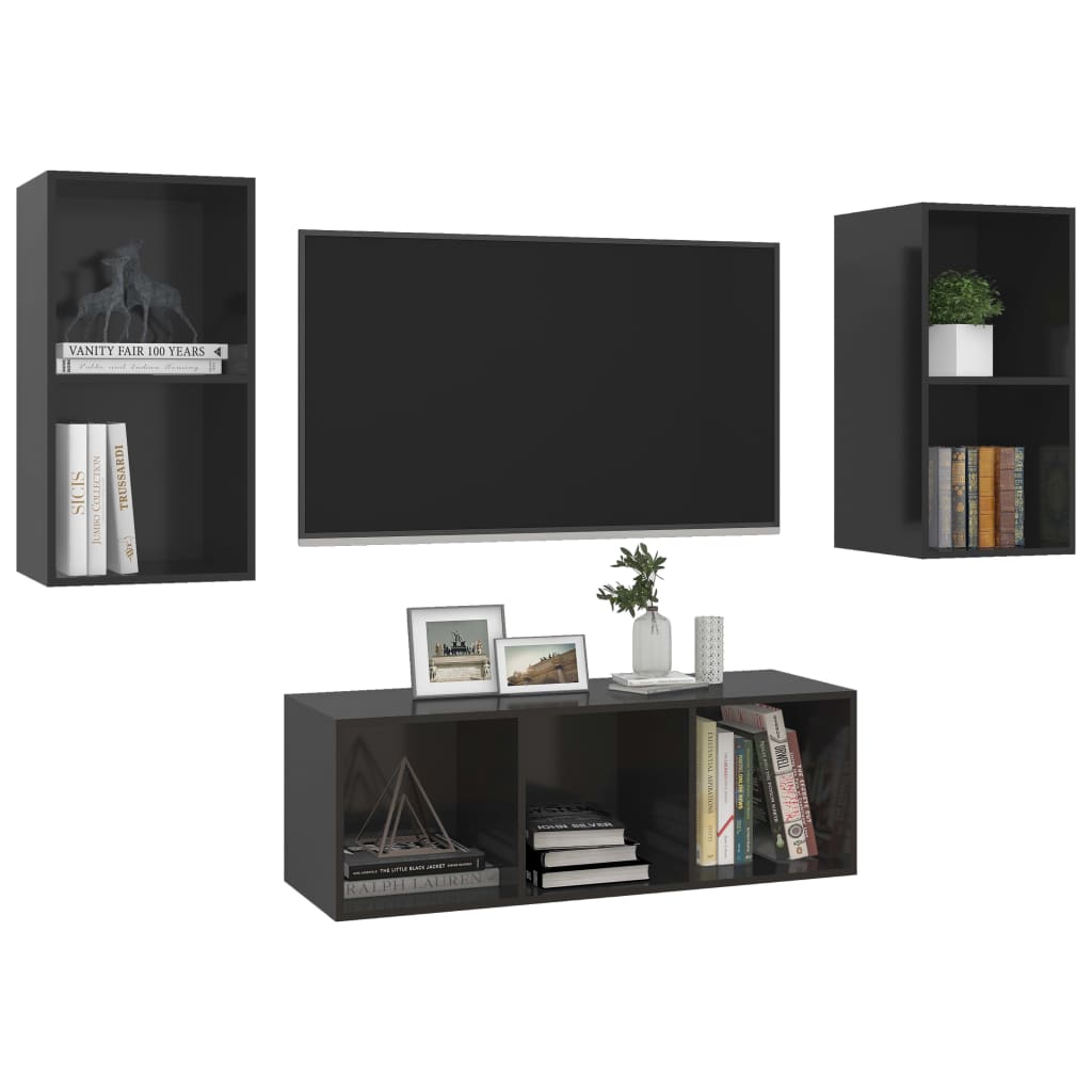 vidaXL 3-delige Tv-meubelset spaanplaat hoogglans zwart