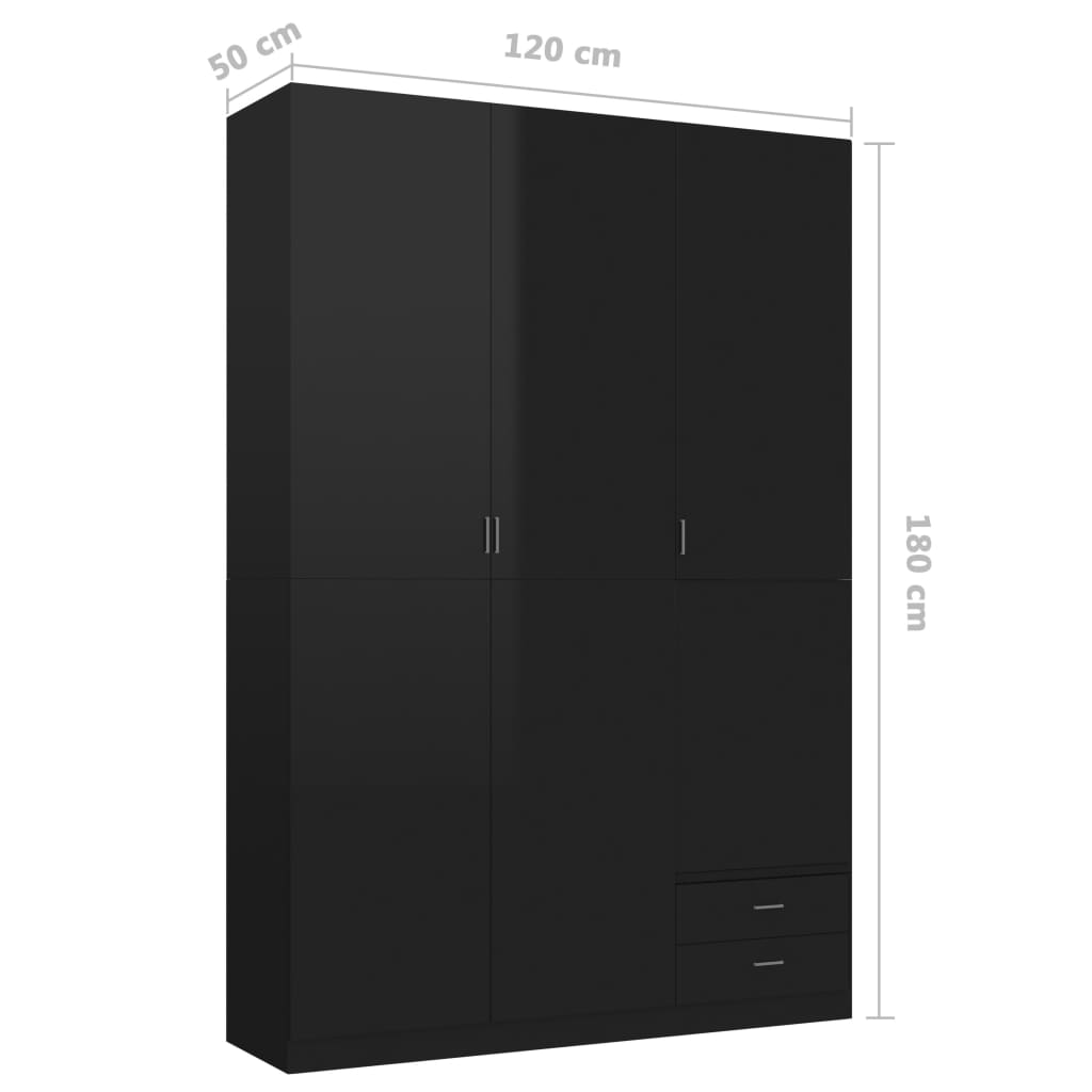 vidaXL Kledingkast 3-deurs 120x50x180 cm spaanplaat hoogglans zwart