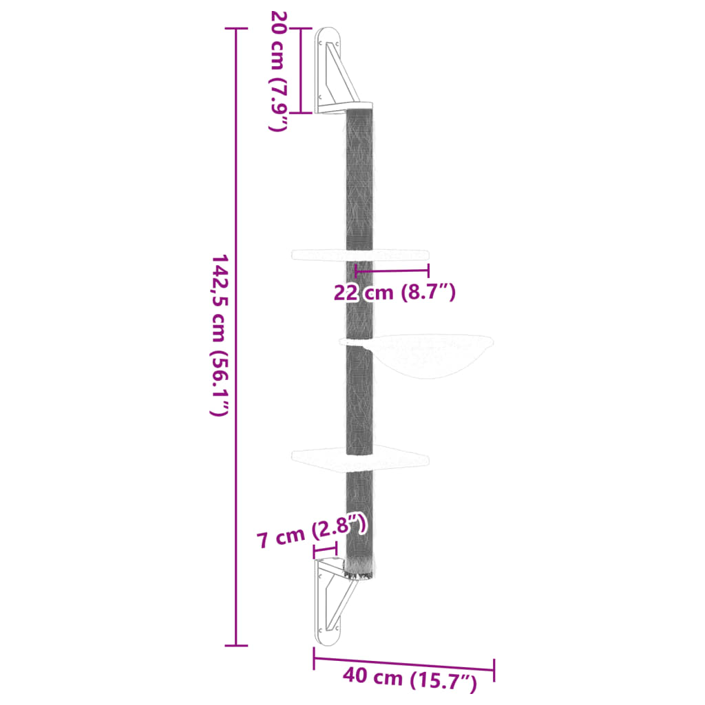 vidaXL Kattenmeubel wandgemonteerd met krabpaal 142,5 cm crèmekleurig