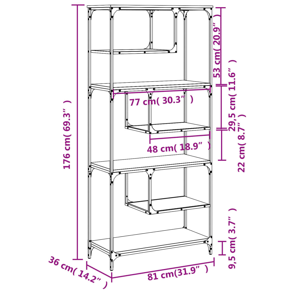 vidaXL Boekenkast 81x36x176 cm bewerkt hout bruin eikenkleur