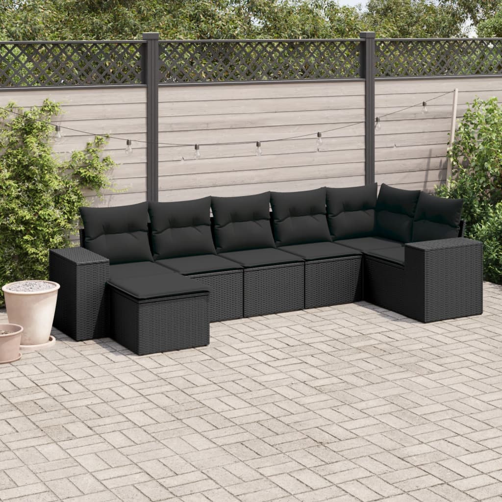 vidaXL 7-delige Loungeset met kussens poly rattan zwart