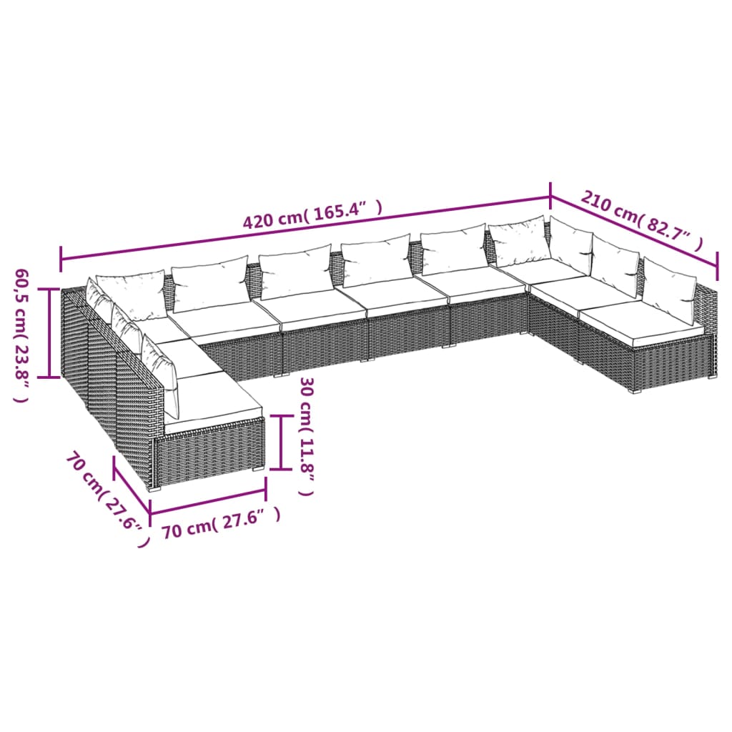 vidaXL 10-delige Loungeset met kussens poly rattan bruin