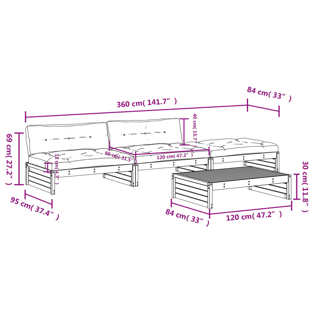 vidaXL 4-delige Loungeset met kussens massief hout