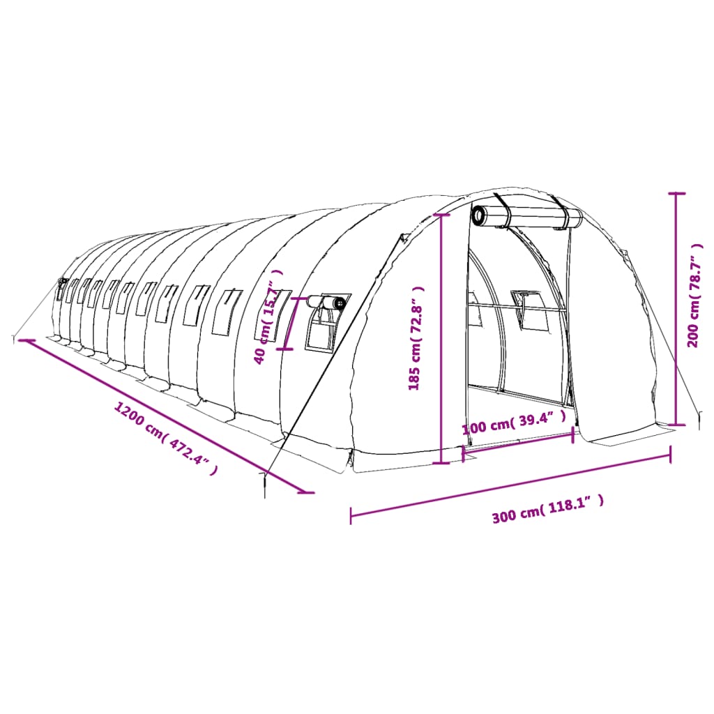 vidaXL Tuinkas met stalen frame 36 m² 12x3x2 m wit