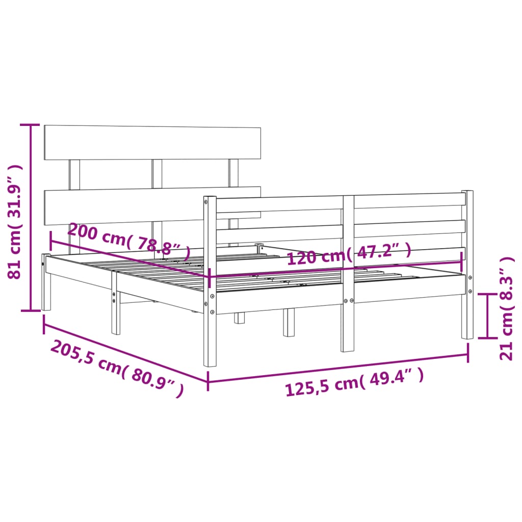 vidaXL Bedframe met hoofdbord massief hout zwart 120x200 cm