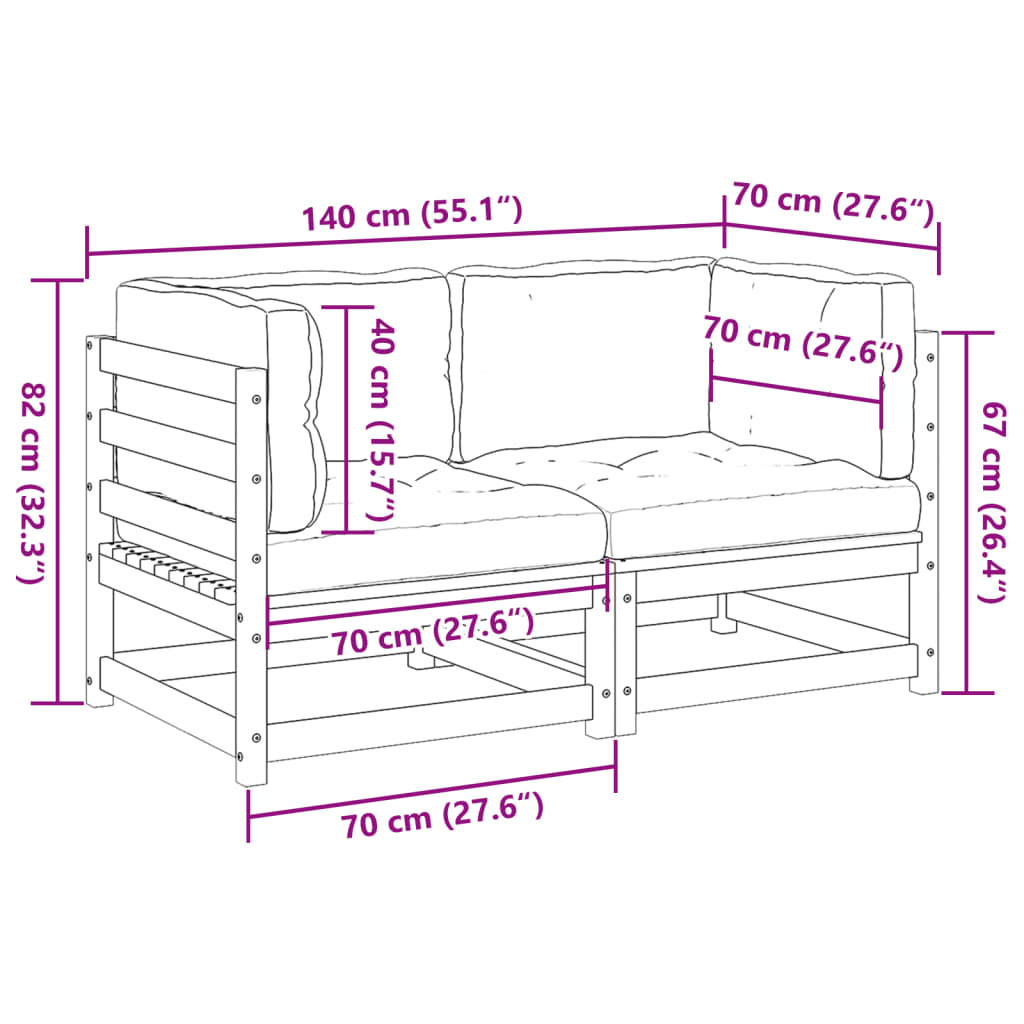 vidaXL 2-delige Loungeset met kussens massief grenenhout wasbruin