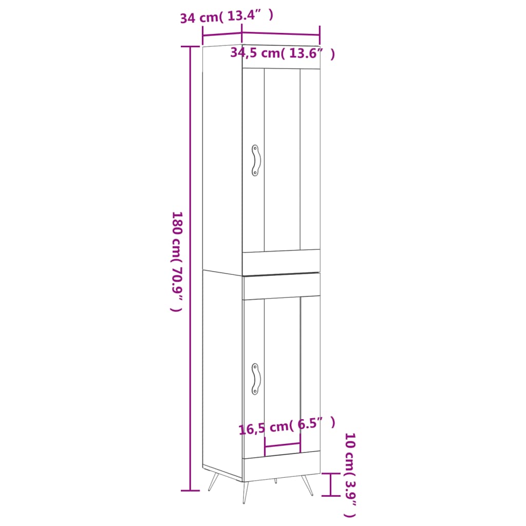 vidaXL Hoge kast 34,5x34x180 cm bewerkt hout betongrijs