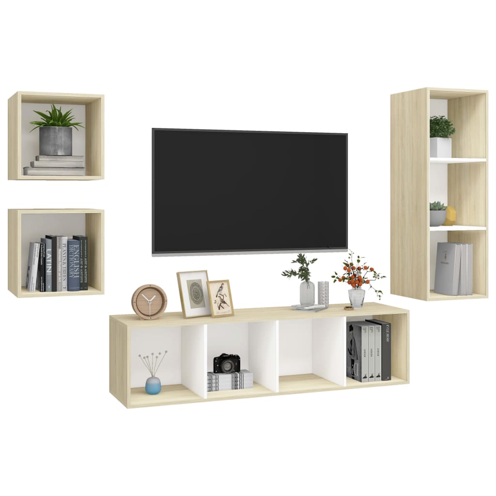 vidaXL 4-delige Tv-meubelset spaanplaat wit en sonoma eikenkleurig