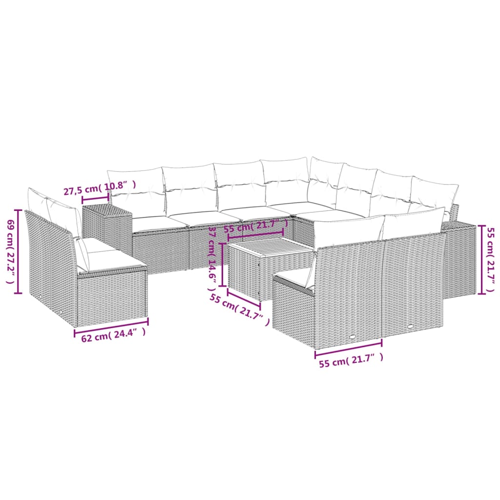 vidaXL 12-delige Loungeset met kussens poly rattan grijs