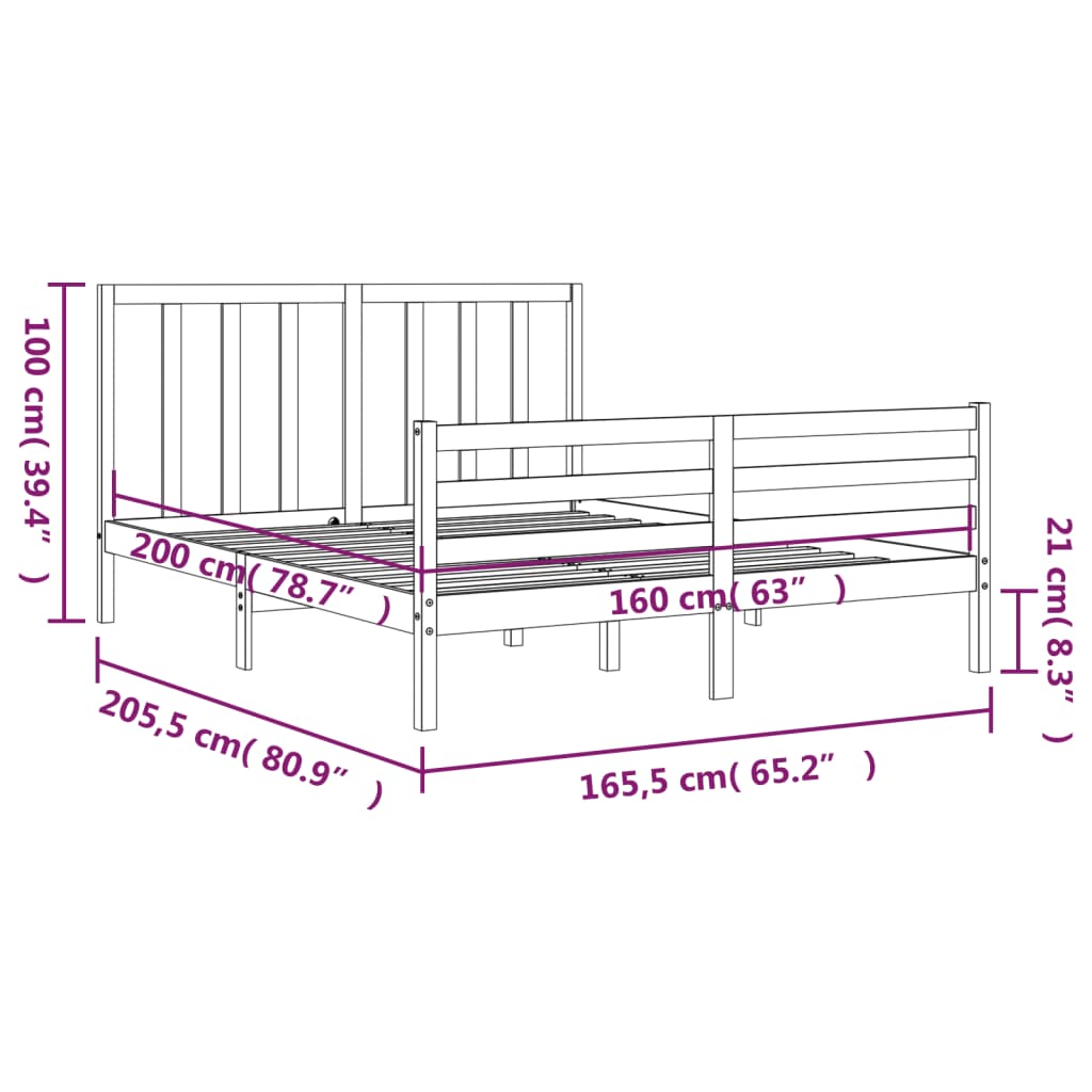 vidaXL Bedframe met hoofdbord massief hout grijs 160x200 cm