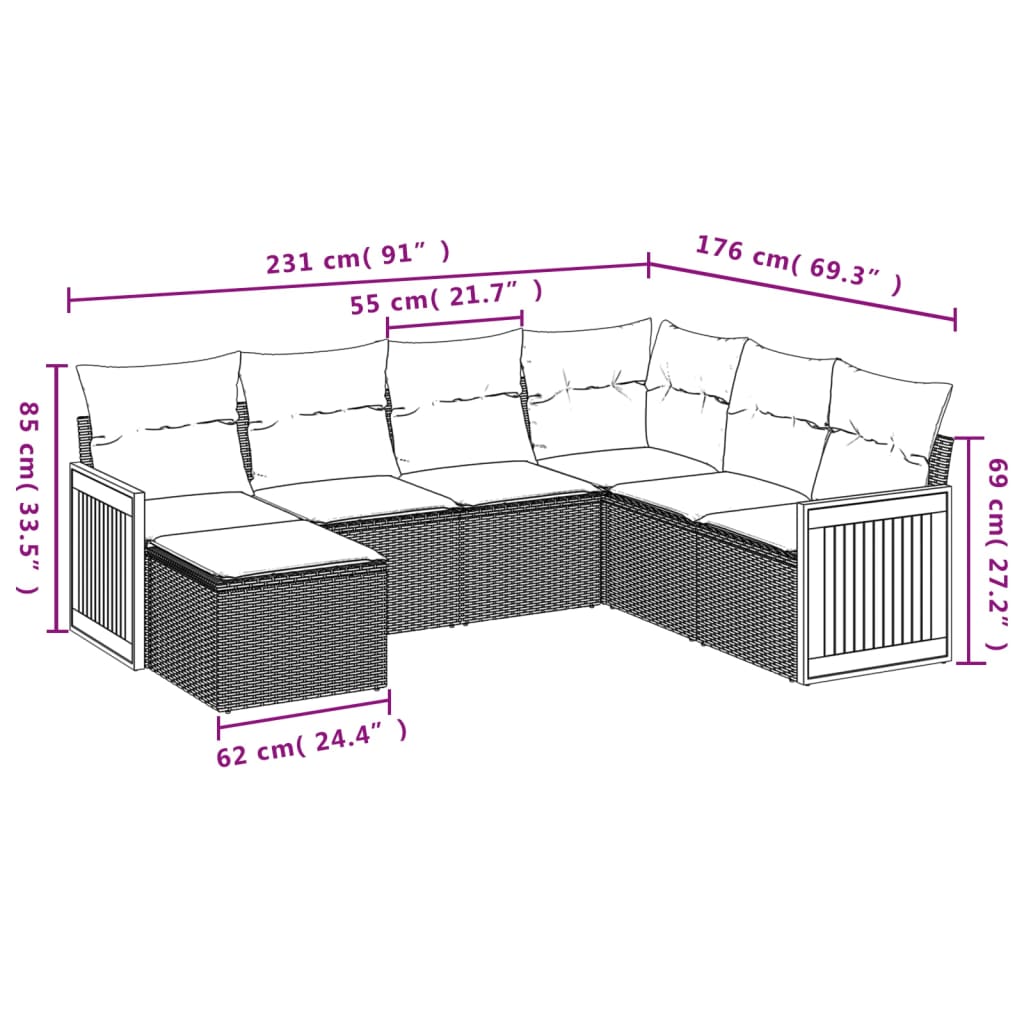 vidaXL 7-delige Loungeset met kussens poly rattan grijs