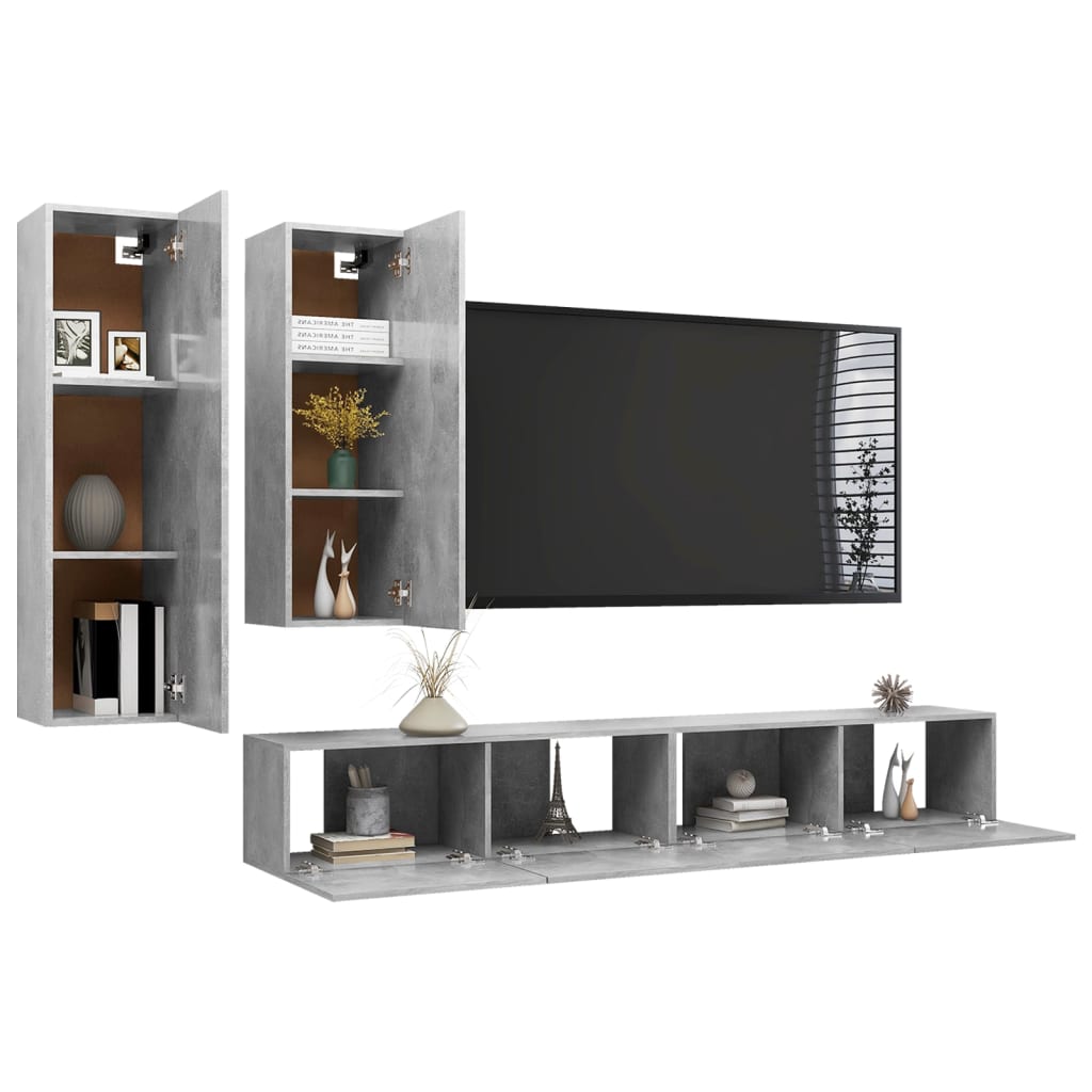 vidaXL 4-delige Tv-meubelset spaanplaat betongrijs
