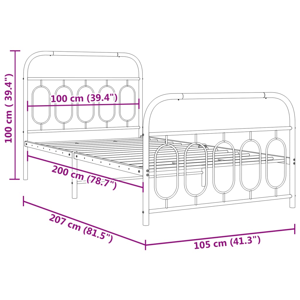 vidaXL Bedframe met hoofd- en voeteneinde metaal zwart 100x200 cm