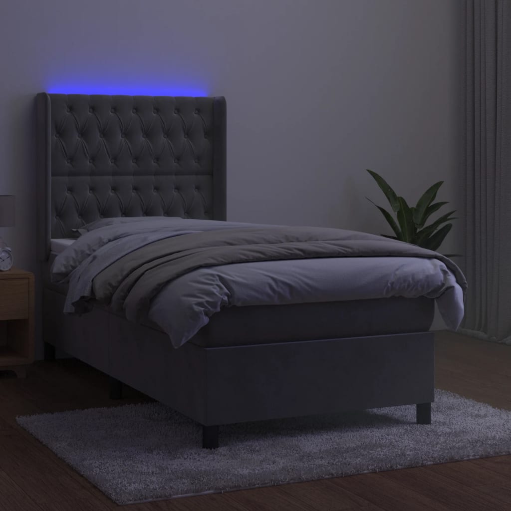vidaXL Boxspring met matras en LED fluweel lichtgrijs 90x200 cm