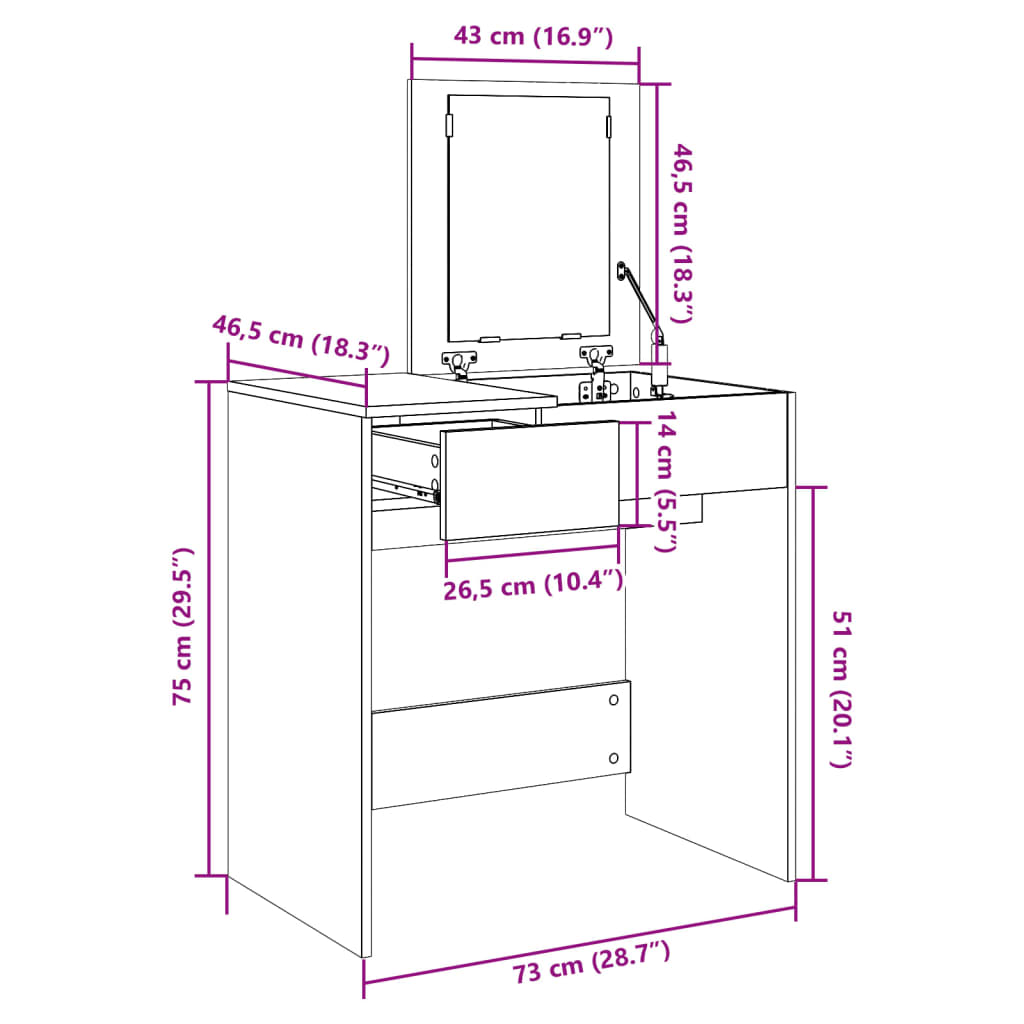 vidaXL Kaptafel met spiegel 73x46,5x120 cm bruin eikenkleurig