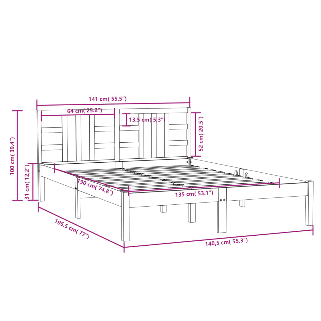 vidaXL Bedframe massief hout zwart 135x190 cm