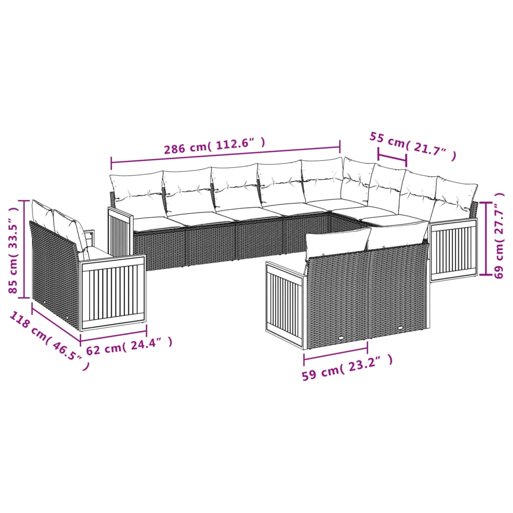 vidaXL 12-delige Loungeset met kussens poly rattan grijs