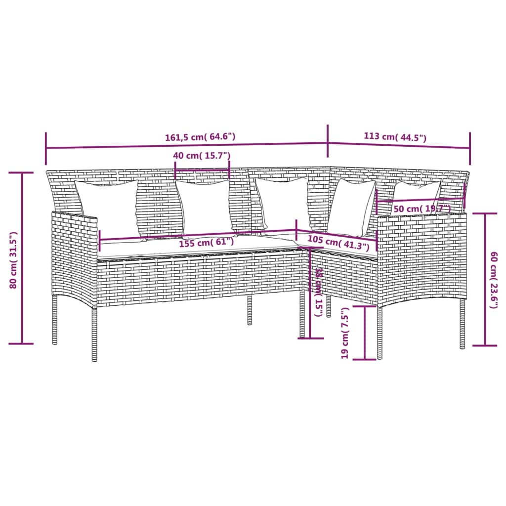 vidaXL 5-delige Loungeset met kussens L-vormig poly rattan grijs