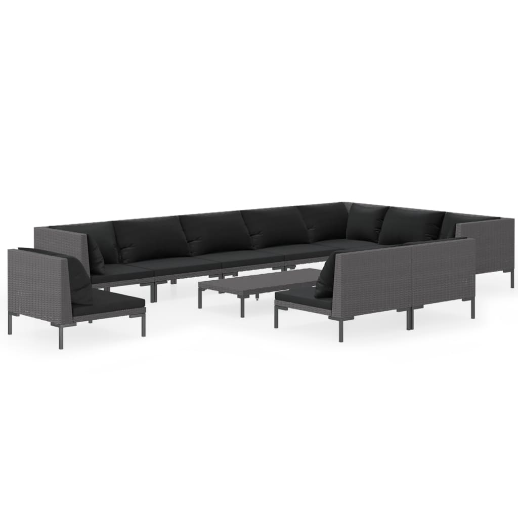 vidaXL 11-delige Loungeset met kussens poly rattan donkergrijs