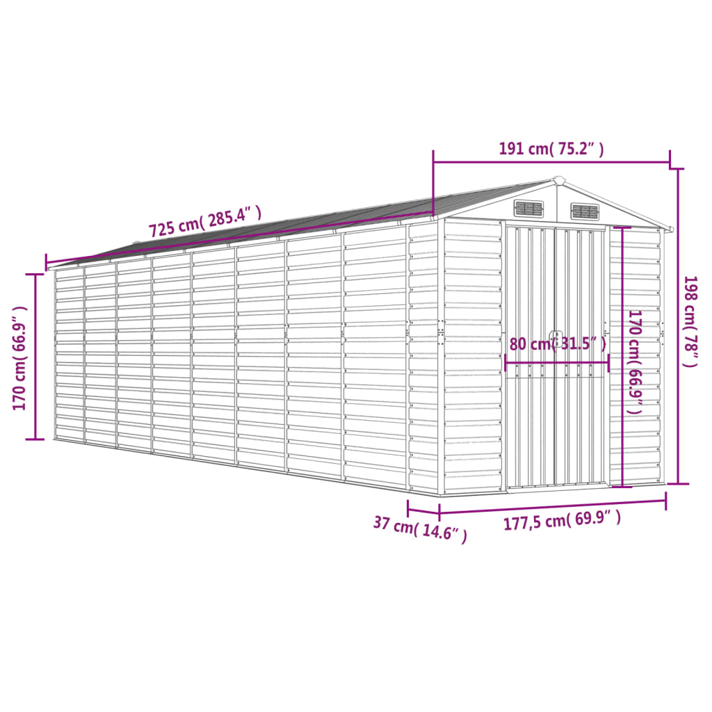 vidaXL Tuinschuur 191x725x198 cm gegalvaniseerd staal lichtgrijs