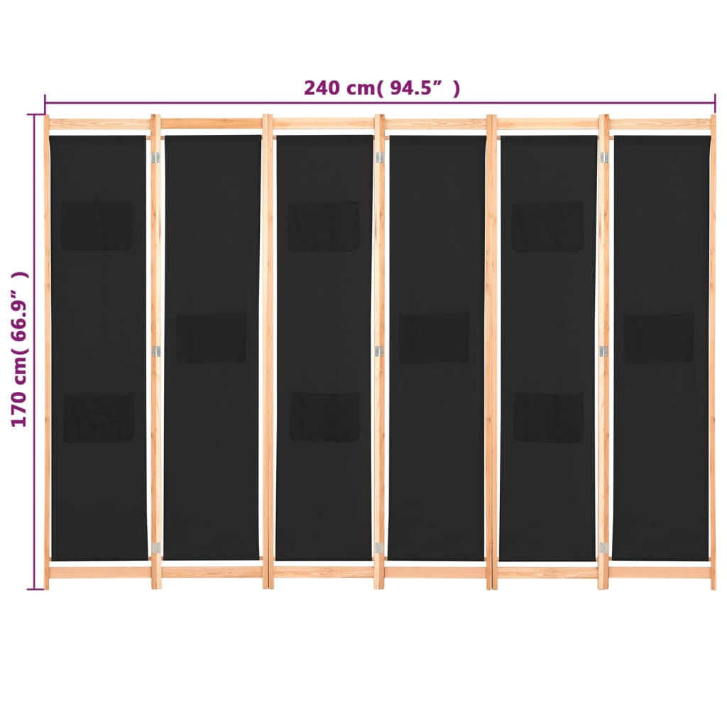 vidaXL Kamerscherm met 6 panelen 240x170x4 cm stof zwart