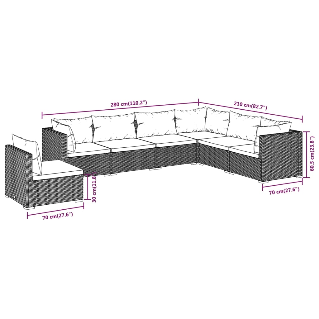 vidaXL 7-delige Loungeset met kussens poly rattan zwart