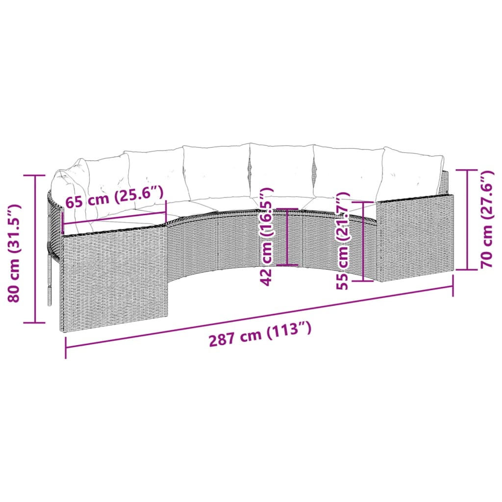 vidaXL Tuinbank met kussens halfrond poly rattan beige