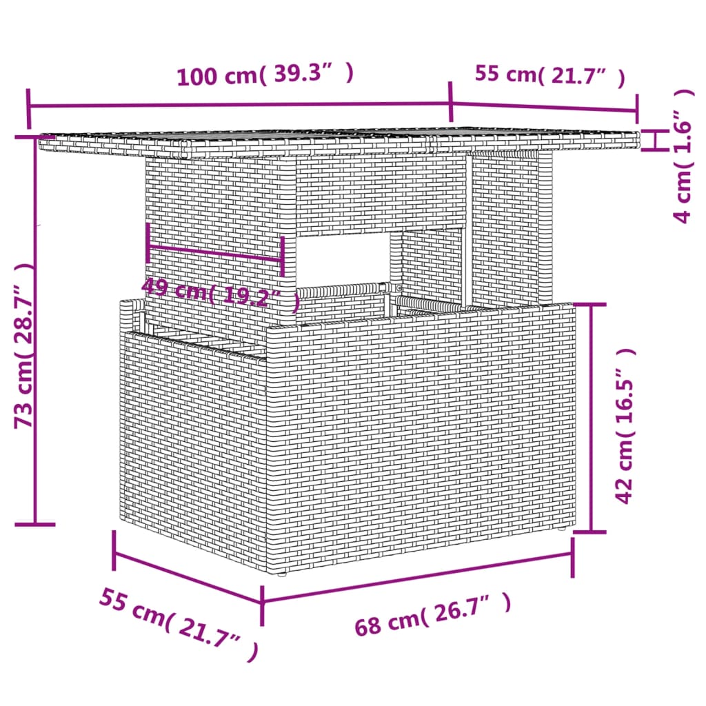 vidaXL Tuintafel met glazen blad 100x55x73 cm poly rattan bruin